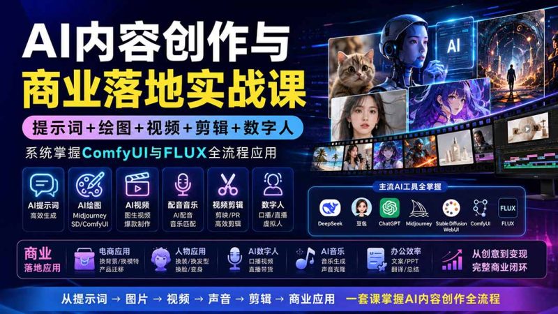 AI内容创作与商业落地实战课:提示词+绘图+视频+剪辑+数字人,系统掌握ComfyUI与FLUX全流程应用-初遇资源网