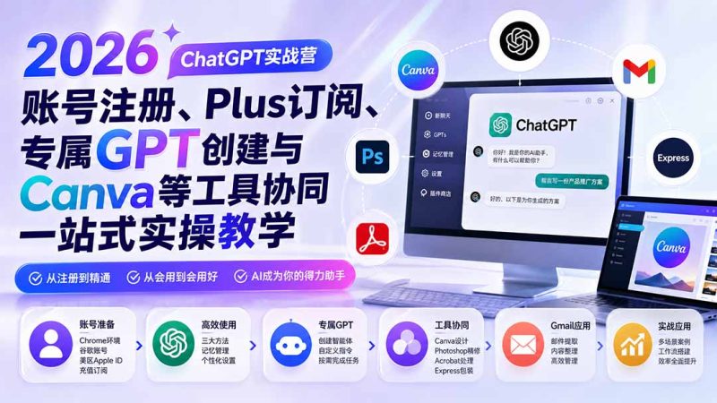 2026 ChatGPT实战营;账号注册、Plus订阅、专属GPT创建与Canva等工具协同一站式实操教学-初遇资源网