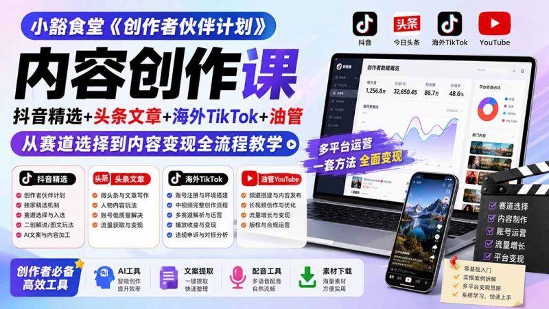 小豁食堂《创作者伙伴计划》内容创作课:抖音精选+头条文章+海外TikTok+油管,从赛道选择到内容变现全流程教学-初遇资源网