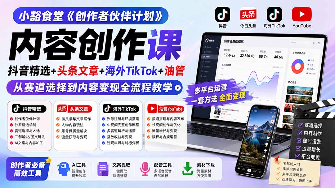 小豁食堂《创作者伙伴计划》内容创作课：抖音精选+头条文章+海外TikTok+油管，从赛道选择到内容变现全流程教学 - 中创网