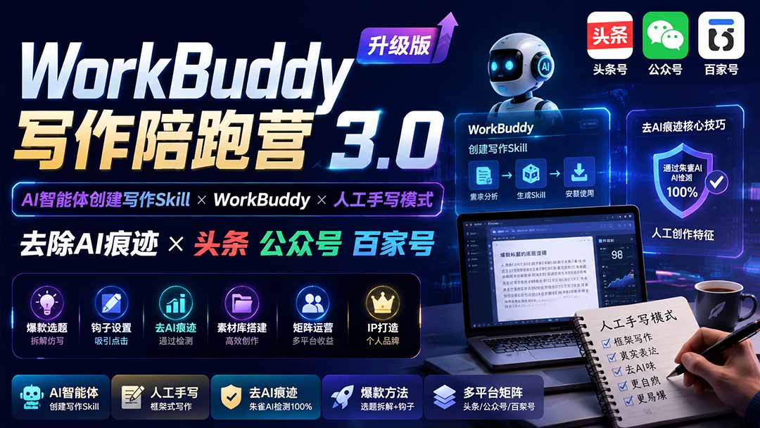 WorkBuddy写作陪跑营3.0-更新：Ai智能体创建写作Skill×WorkBuddy×人工手写模式×去除AI痕迹×头条公众号百家号 - 中创网