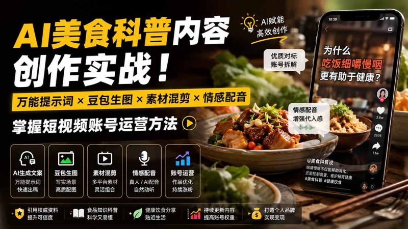 外面卖199元-AI美食科普内容创作实战!万能提示词×豆包生图×素材混剪×情感配音,掌握短视频账号运营方法-初遇资源网