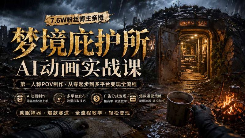 梦境庇护所AI动画实战课:7.6W粉丝博主亲授第一人称POV制作,从零起步到多平台发布变现全流程-初遇资源网