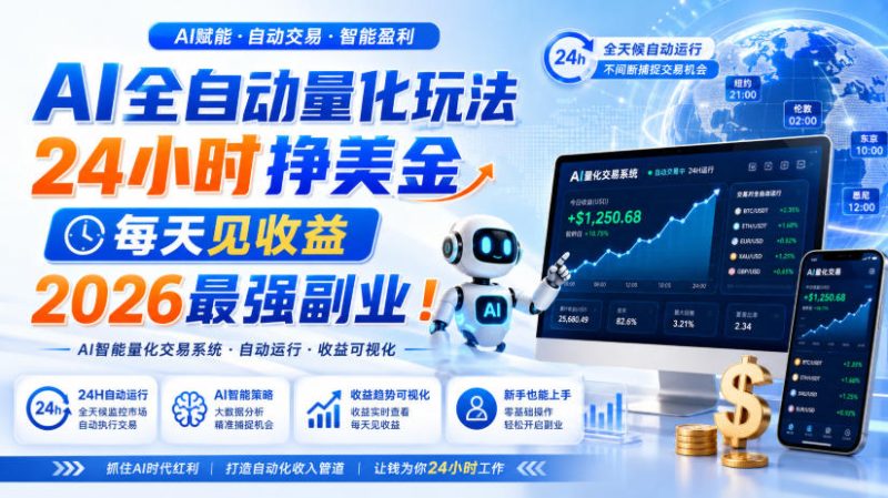 AI量化全自动操作挣美金,矩阵可日入1000+,适合普通人的副业!-初遇资源网