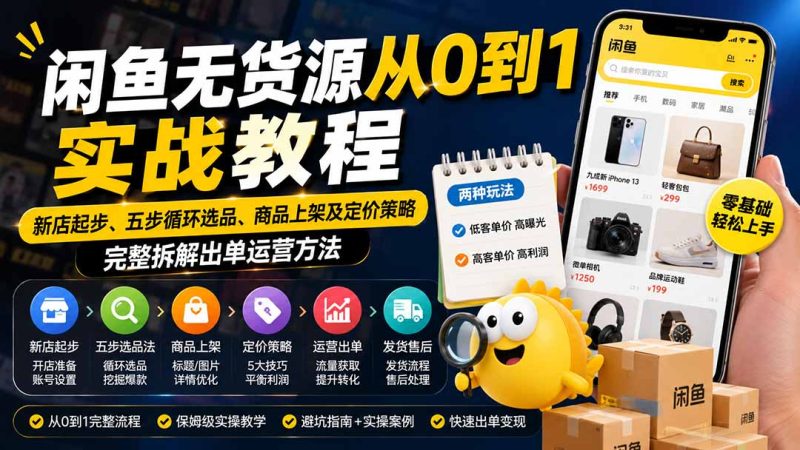 闲鱼无货源从0到1实战教程——新店起步、五步循环选品、商品上架及定价策略，完整拆解出单运营方法-初遇资源网