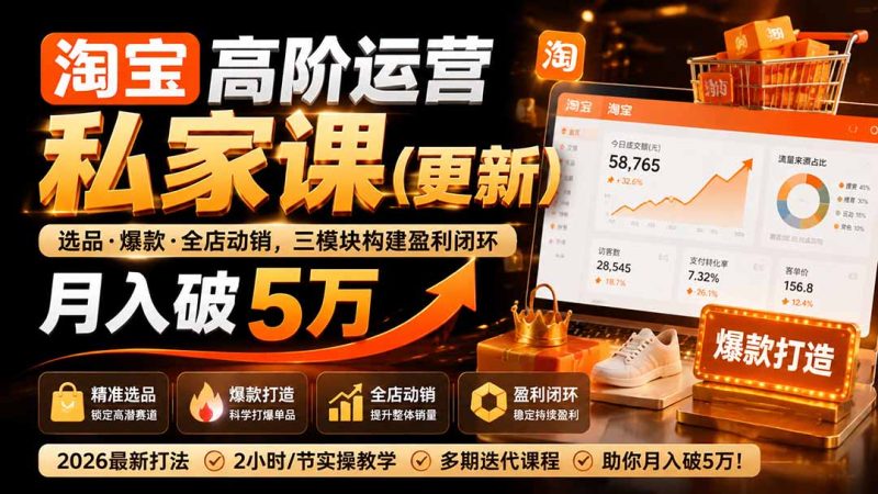 淘宝高阶运营私家课(更新26年):选品、爆款、全店动销,三模块构建盈利闭环,月入破5万-初遇资源网