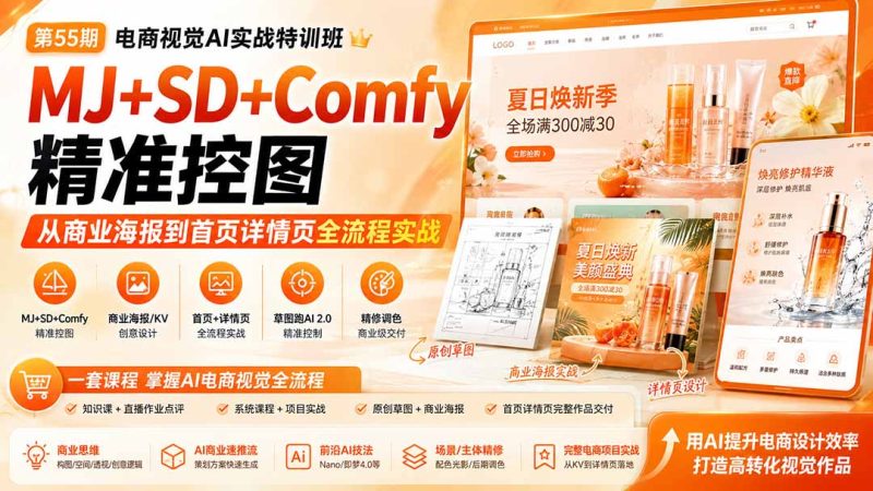 电商视觉 AI实战训练营第55期:MJ+SD+Comfy精准控图,从商业海报到首页详情页全流程实战-初遇资源网
