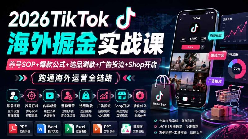 2026TikTok海外掘金实战课——养号SOP+爆款公式+选品测款+广告投流+Shop开店,跑通海外运营全链路-初遇资源网