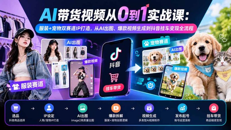 AI带货视频从0到1实战课:服装+宠物双赛道IP打造,从AI出图、爆款视频生成到抖音挂车变现全流程-初遇资源网