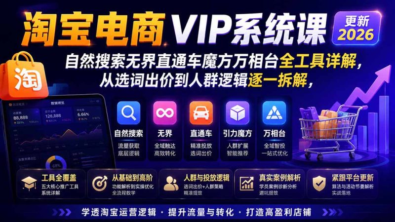 淘宝电商VIP系统课-更新8月；自然搜索无界直通车魔方万相台全工具详解，从选词出价到人群逻辑逐一拆解-初遇资源网