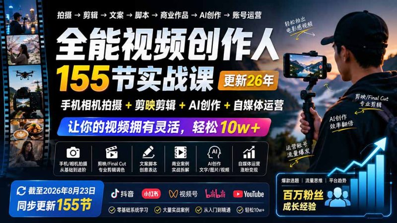 全能视频创作人155节实战课-更新26年8月:手机相机拍摄+剪映剪辑+AI创作+自媒体运营,让你的视频拥有灵活,轻松10w-初遇资源网