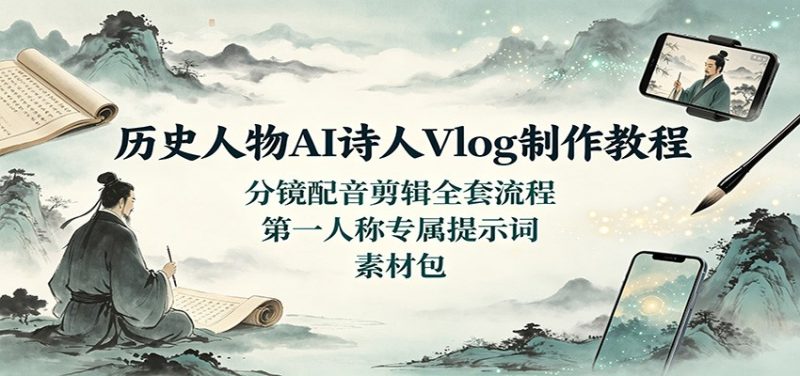 历史人物AI诗人Vlog制作教程:分镜配音剪辑全套流程,第一人称专属提示词素材包-初遇资源网