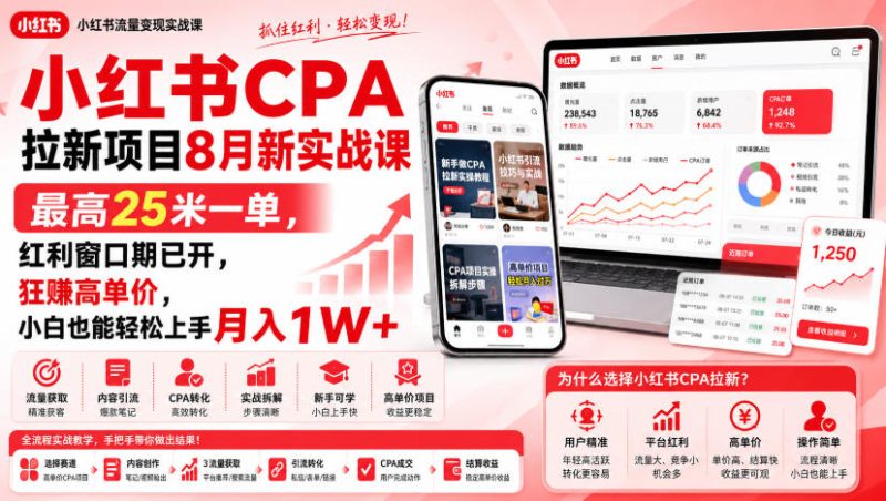 小红书CPA拉新项目8月新实战课,最高25米一单,红利窗口期已开,狂賺高单价,小白也能轻松上手月入1W+-初遇资源网