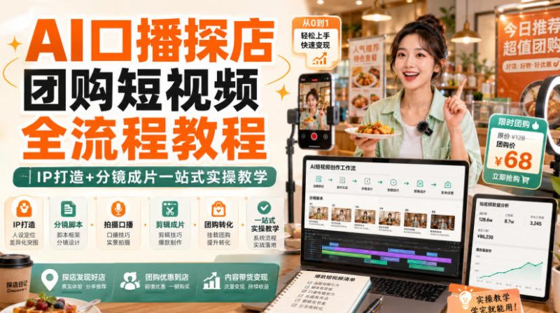 AI口播探店团购短视频全流程教程|IP打造+分镜成片一站式实操教学-初遇资源网