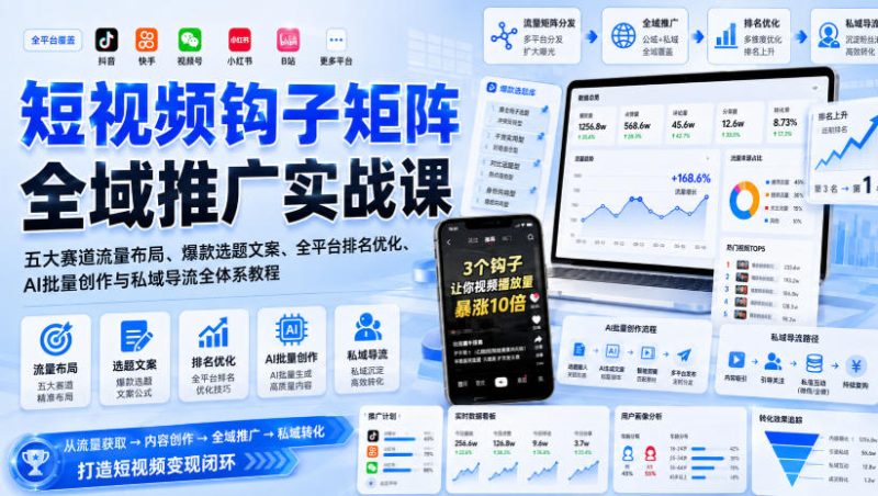 短视频钩子矩阵全域推广实战课｜五大赛道流量布局、爆款选题文案、全平台排名优化、AI批量创作与私域导流全体系教程-初遇资源网