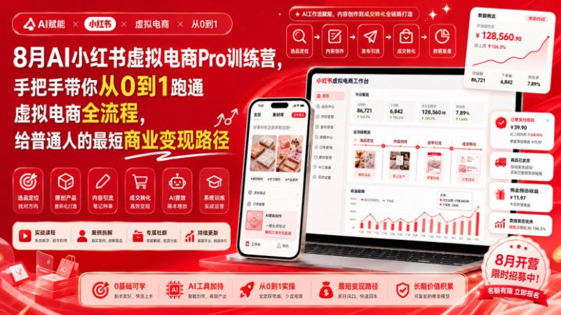 8月AI小红书虚拟电商Pro训练营，手把手带你从0到1跑通虚拟电商全流程，给普通人的最短商业变现路径-初遇资源网