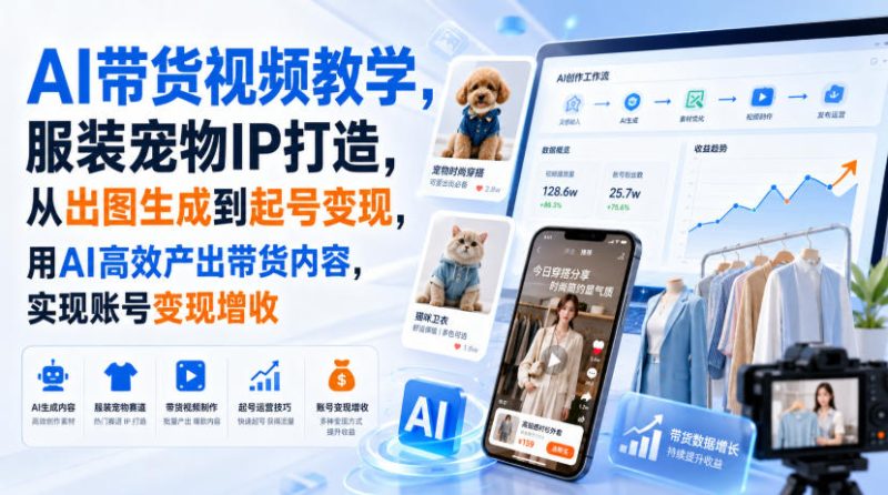 AI带货视频教学,服装宠物IP打造,从出图生成到起号变现,用AI高效产出带货内容,实现账号变现增收-初遇资源网
