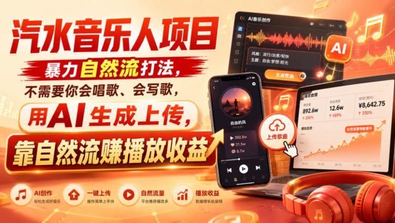 汽水音乐人项目，暴力自然流打法，不需要你会唱歌、会写歌，用AI生成上传，靠自然流賺播放收益-初遇资源网