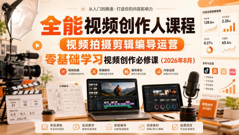 全能视频创作人课程,视频拍摄剪辑编导运营,零基础学习视频创作必修课(2026年8月)-初遇资源网