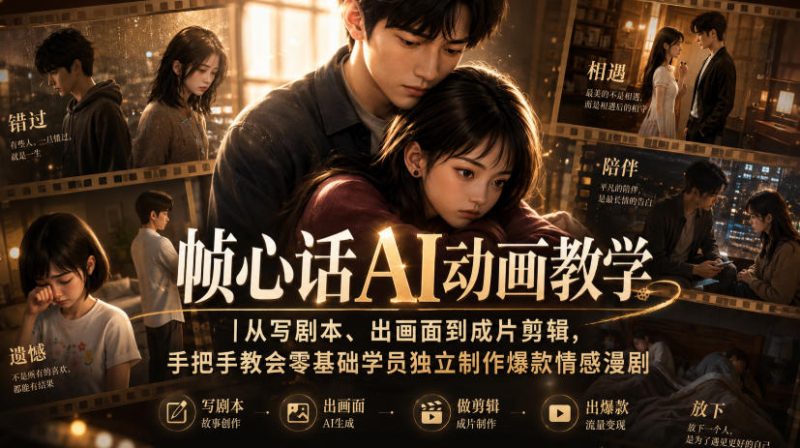 帧心话AI动画教学|从写剧本、出画面到成片剪辑,手把手教会零基础学员独立制作爆款情感漫剧-初遇资源网