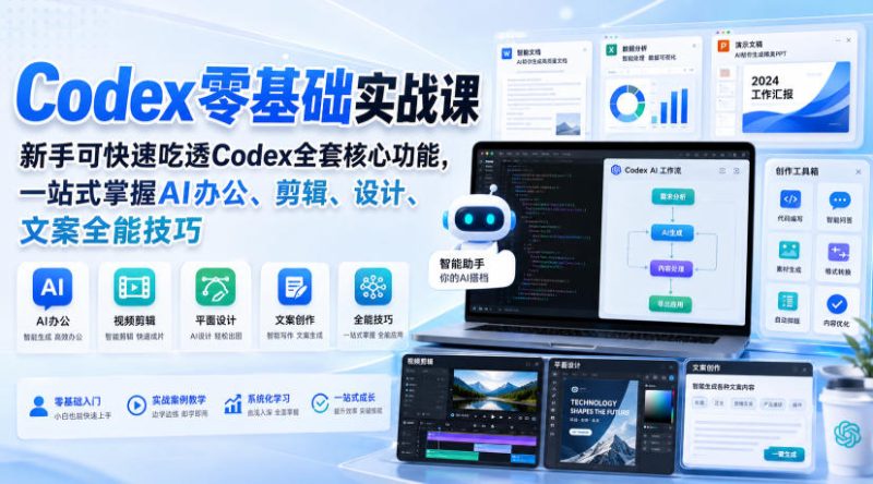 Codex零基础实战课,新手可快速吃透Codex全套核心功能,一站式掌握AI办公、剪辑、设计、文案全能技巧-初遇资源网
