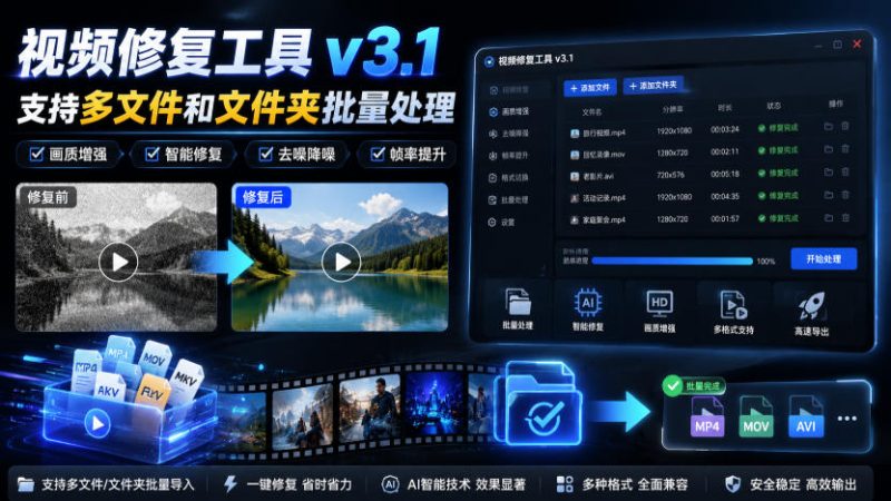 视频修复工具v3.1,支持多文件和文件夹批量处理-初遇资源网