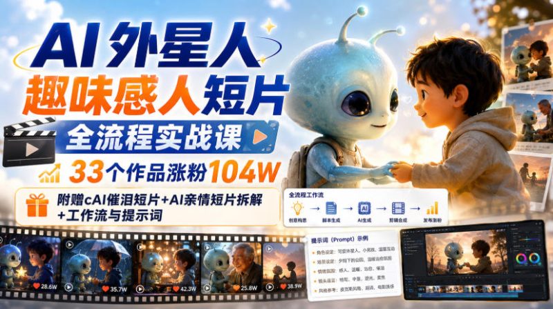 AI外星人趣味感人短片全流程实战课,33个作品涨粉104W,附赠AI催泪短片+AI亲情短片拆解+工作流与提示词-初遇资源网