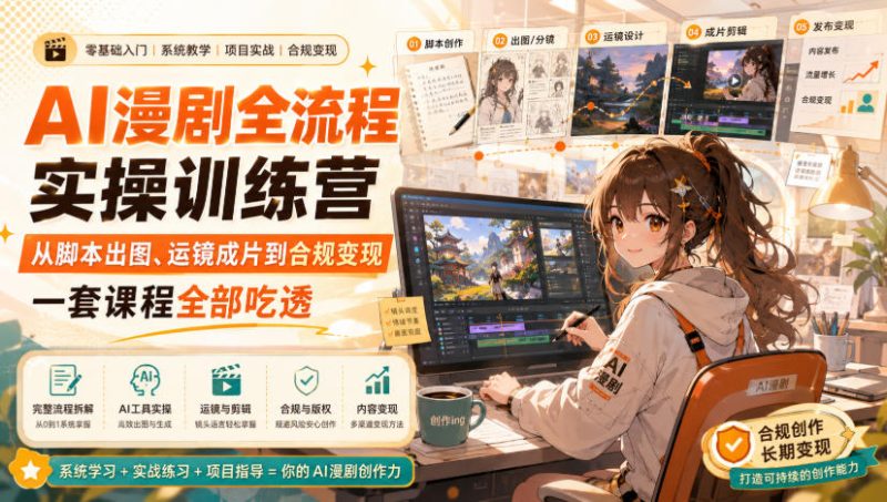 AI漫剧全流程实操训练营,从脚本出图、运镜成片到合规变现,一套课程全部吃透-初遇资源网