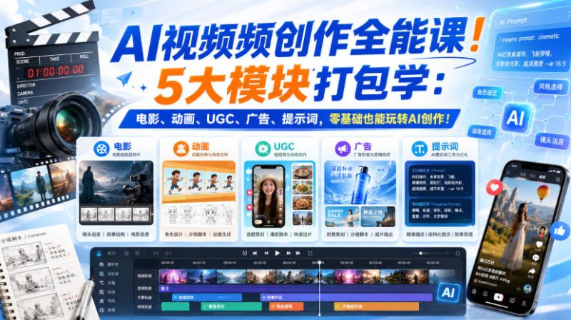 AI视频频创作全能课!5大模块打包学:电影、动画、UGC、广告、提示词,零基础也能玩转AI创作!【原创双语字幕】-初遇资源网