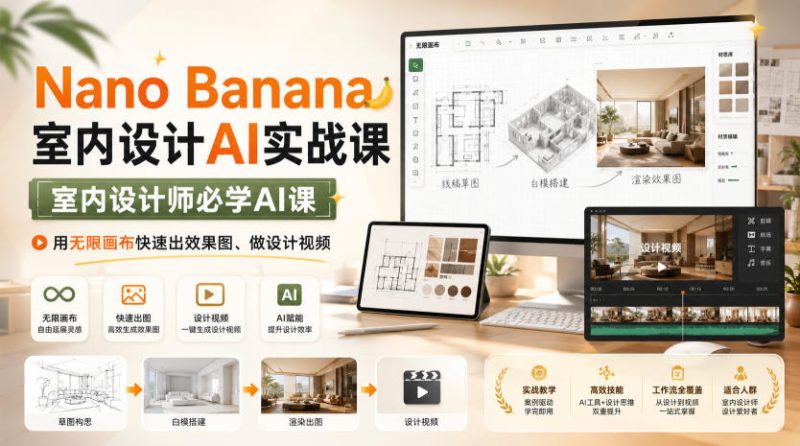 Nano Banana室内设计AI实战课,室内设计师必学AI课,用无限画布快速出效果图、做设计视频-初遇资源网