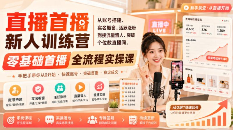 直播首播新人训练营|从账号搭建、实名橱窗、活跃涨粉到接流量留人、突破个位数直播间,零基础首播全流程实操课-初遇资源网