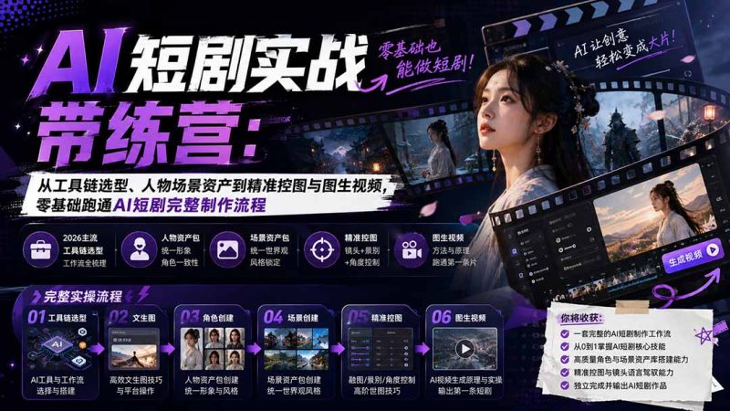 AI短剧实战训练营:从工具链选型、人物场景资产到精准控图与图生视频,零基础跑通AI短剧完整制作流程-初遇资源网