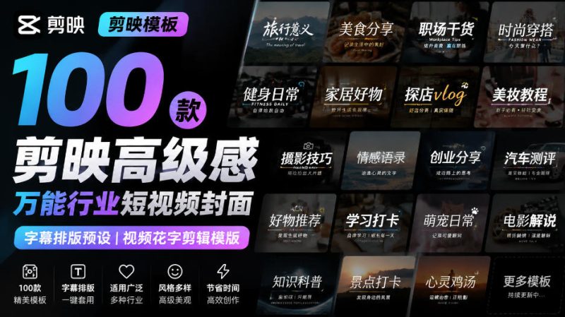 【剪映模板】100款剪映高级感万能行业短视频封面字幕排版预设视频花字剪辑模版-初遇资源网