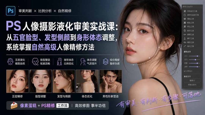 PS人像摄影液化审美实战课:从五官脸型、发型侧颜到身形体态调整,系统掌握自然高级人像精修方法-初遇资源网