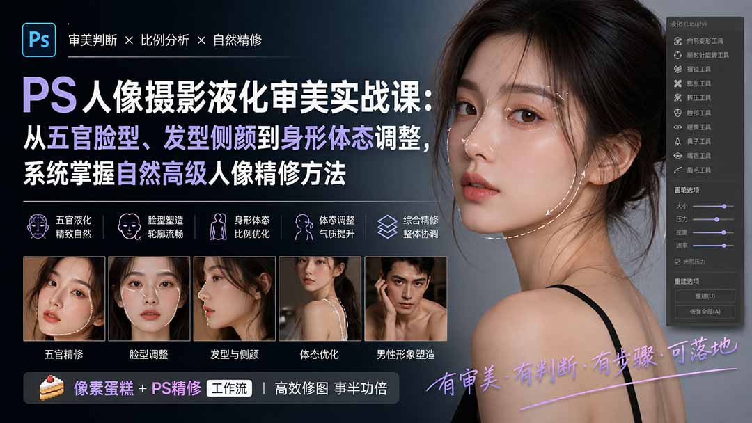 PS人像摄影液化审美实战课：从五官脸型、发型侧颜到身形体态调整，系统掌握自然高级人像精修方法 - 中创网
