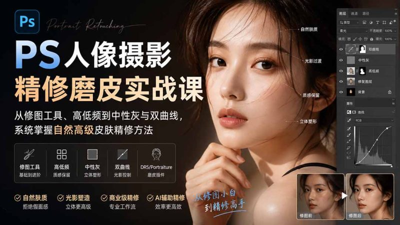PS人像摄影精修磨皮实战课:从修图工具、高低频到中性灰与双曲线,系统掌握自然高级皮肤精修方法-初遇资源网