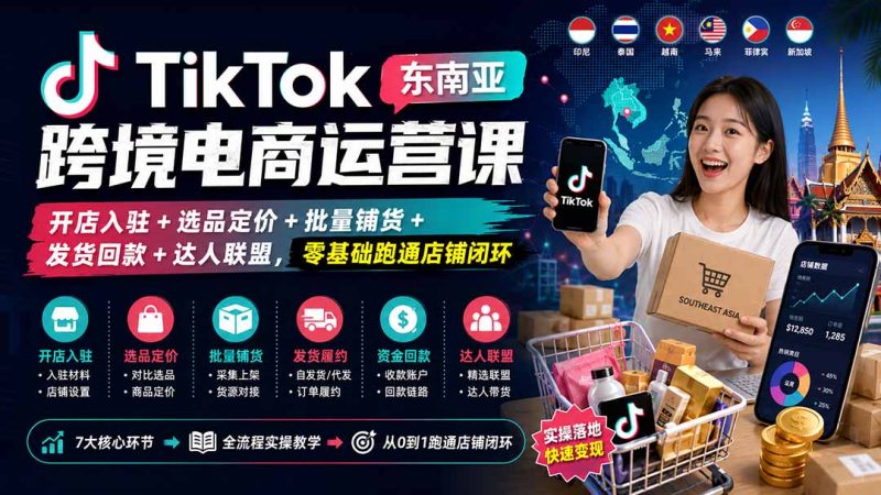 TikTok东南亚跨境电商运营课：开店入驻+选品定价+批量铺货+发货回款+达人联盟，零基础跑通店铺闭环-初遇资源网