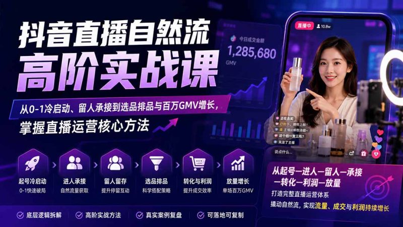 抖音直播自然流高阶实战课:从0-1冷启动、留人承接到选品排品与百万GMV增长,掌握直播运营核心方法-初遇资源网