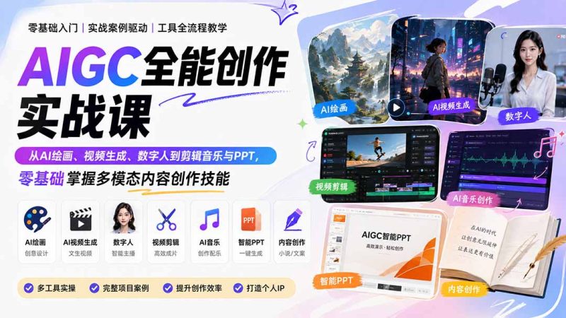AIGC全能创作实战课:从AI绘画、视频生成、数字人到剪辑音乐与PPT,零基础掌握多模态内容创作技能-初遇资源网