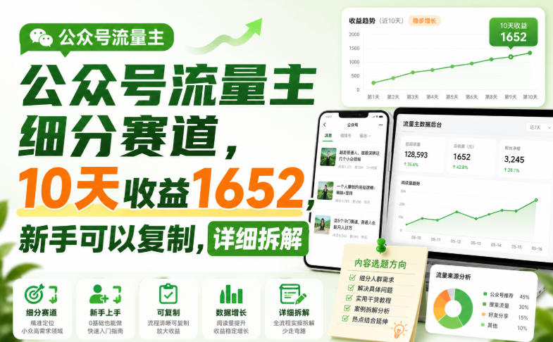 公众号流量主细分赛道,10天收益1652,新手可以复制,详细拆解-初遇资源网