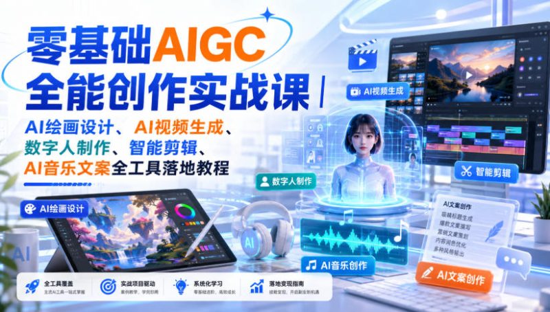 零基础AIGC全能创作实战课|AI绘画设计、AI视频生成、数字人制作、智能剪辑、AI音乐文案全工具落地教程-初遇资源网