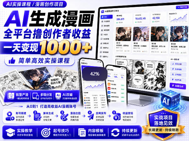 AI生成漫画全平台撸创作者收益内部课程，实操最高单日变现1k+-初遇资源网
