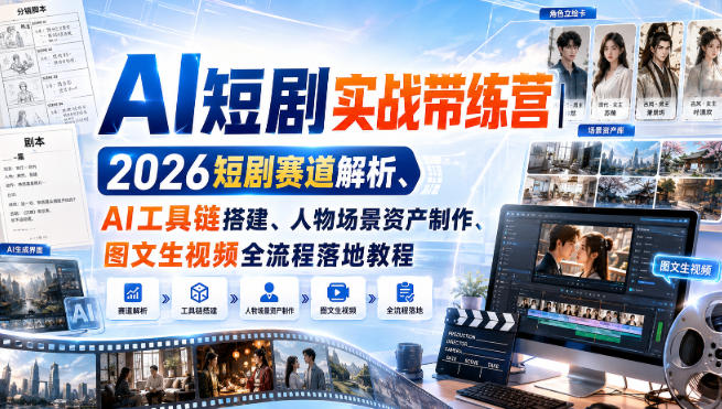 AI短剧实战带练营|2026短剧赛道解析、AI工具链搭建、人物场景资产制作、图文生视频全流程落地教程-初遇资源网
