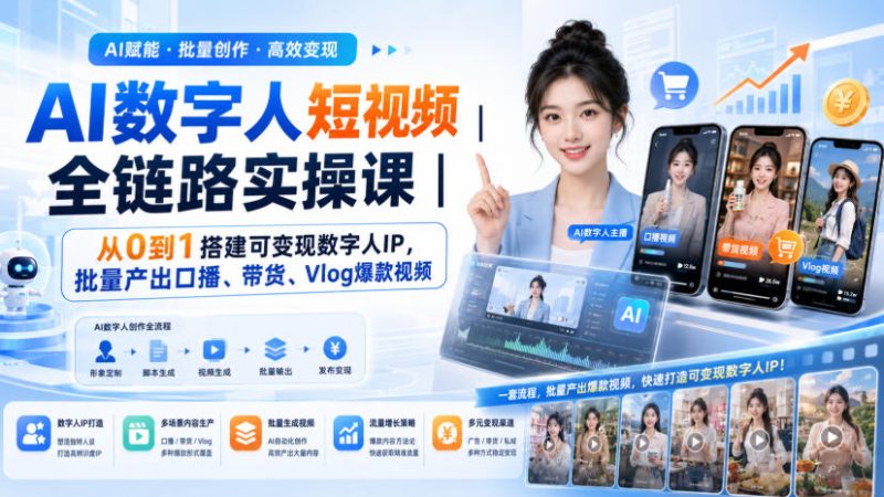 AI数字人短视频全链路实操课|从0到1搭建可变现数字人IP,批量产出口播、带货、Vlog爆款视频-初遇资源网