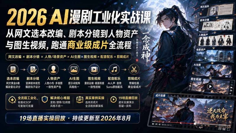2026 AI漫剧工业化实战课-更新:从网文选本改编、剧本分镜到人物资产与图生视频,跑通商业级成片全流程-初遇资源网