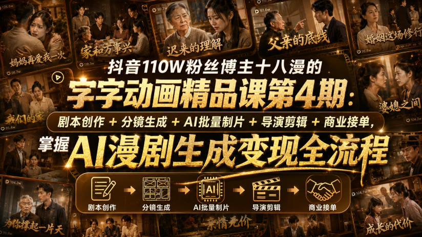 抖音110W粉丝博主十八漫的字字动画精品课第4期：剧本创作+分镜生成+剪辑+商业接单，掌握AI漫剧生成变现全流程 - 冒泡网