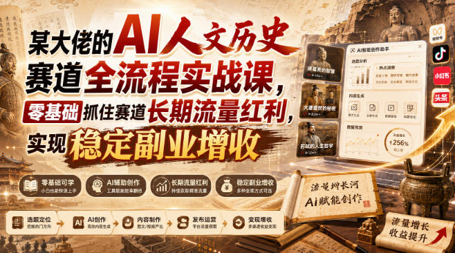 某大佬的AI人文历史赛道全流程实战课,零基础抓住赛道长期流量红利,实现稳定副业增收-初遇资源网