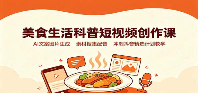 美食生活科普短视频创作课:AI文案图片生成,素材搜集配音,冲刺抖音精选计划教学-初遇资源网