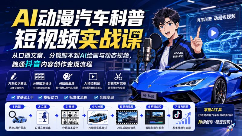 AI动漫汽车科普短视频实战课:从口播文案、分镜脚本到AI绘画与动态视频,跑通抖音内容创作变现流程-初遇资源网