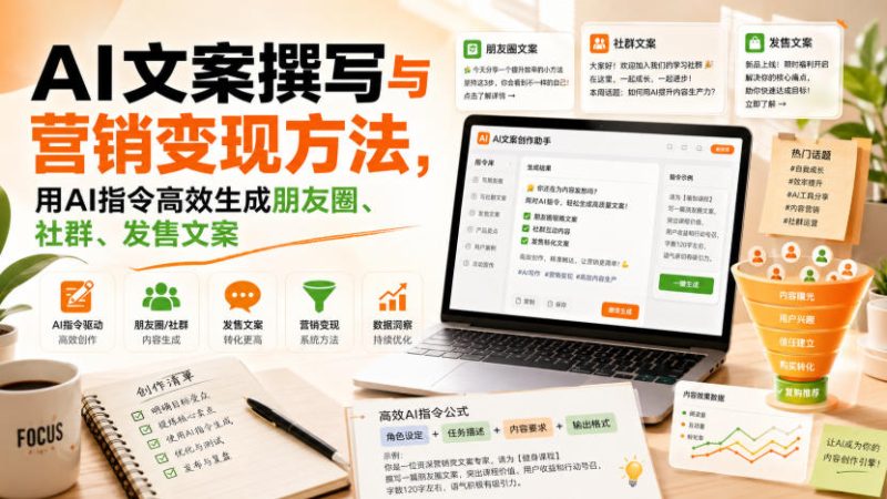 AI文案撰写与营销变现方法，用AI指令高效生成朋友圈、社群、发售文案-初遇资源网